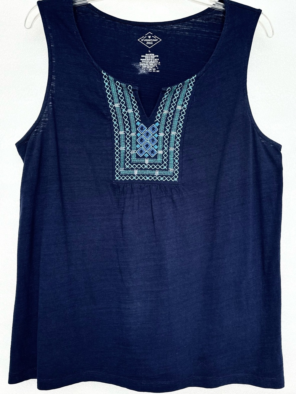 St. John's Bay Navy Tank with Aqua Embroidered Yoke
